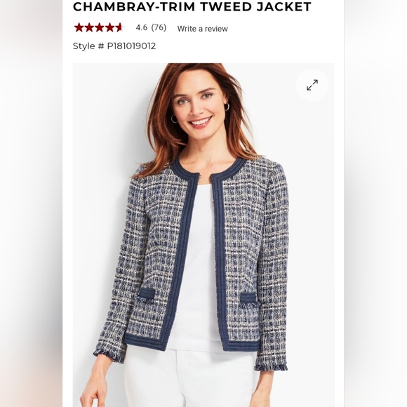 Robert Talbott Petite Women's Tweed Jacket Chambray Trim Blazer Navy Size 12P - Picture 3 of 16